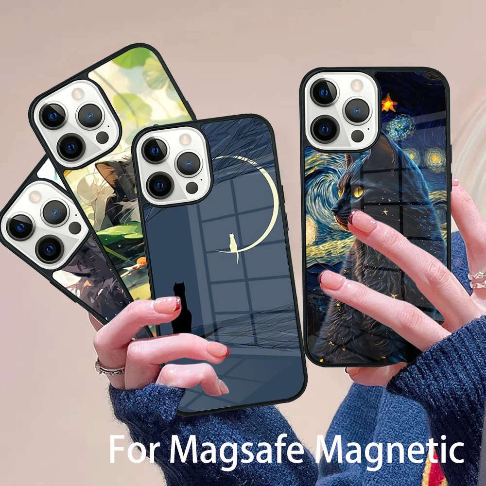 

Black Cat Staring Eye Phone Case Magesafe Magnetic Wireless Charge Cover For IPhone 16 11 12 13 14 15 Pro Max Plus Mini
