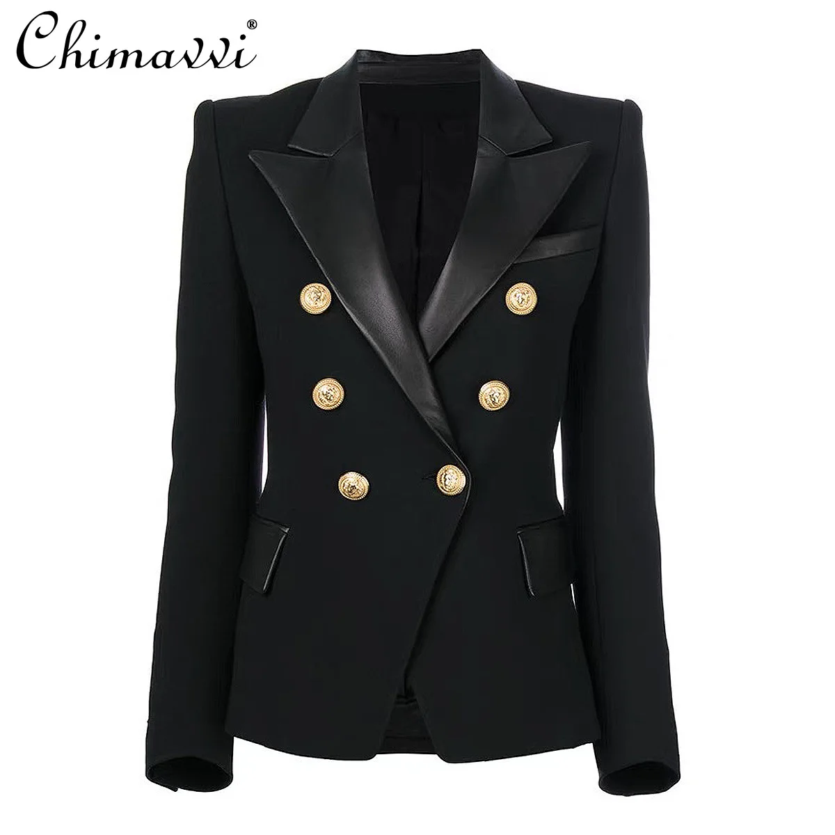 

Autumn Winter New Fashion Stitching PU Leather Slim-Fit Long Sleeve Lapel Double Breasted Suit Jacket OL Slim-Fit Blazers Women