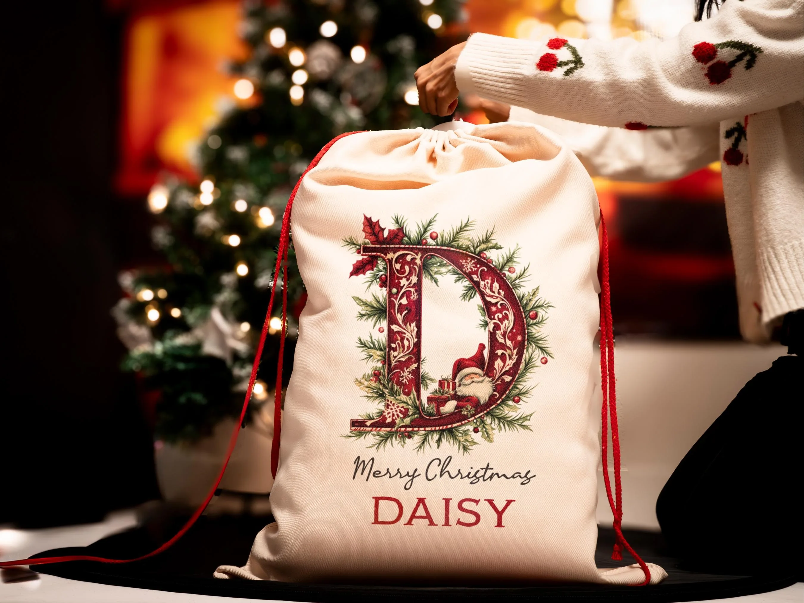 

Personalized Drawstring Christmas Canvas Gift Bag Custom Monogram Santa Sack Multi Use Pouch Xmas Family Gathering Home Decor