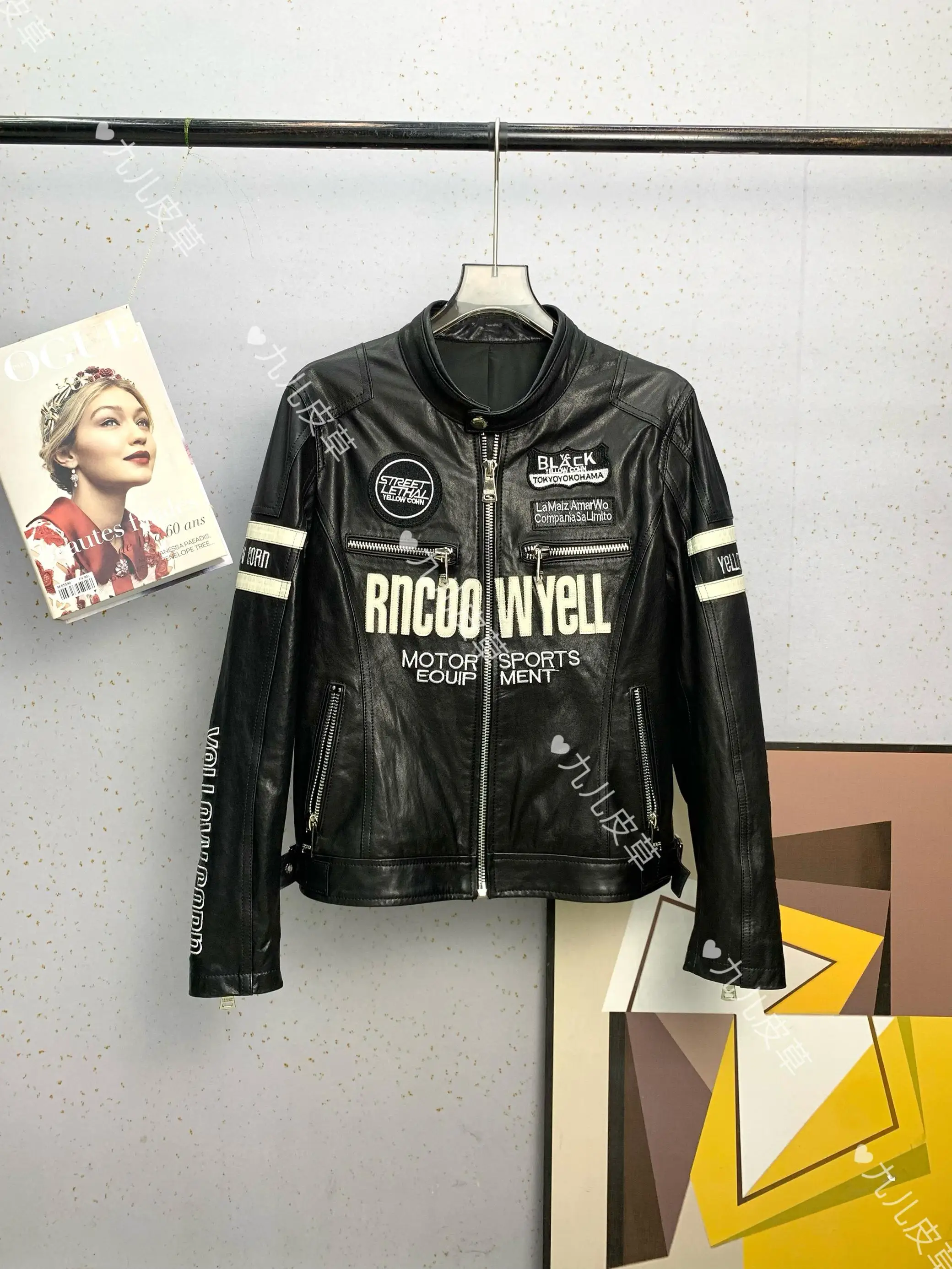 Kurtka motocyklowa plus size z prawdziwej skóry owczej, zapinana na zamek, z długimi rękawami, haftowana z motywem liter, w stylu biker, motor, punk, odzież wierzchnia.