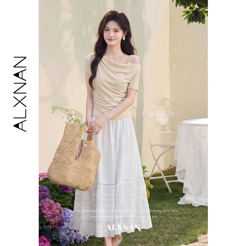 

ALXNAN T-shirt Cowl Neck Off-shoulder Floral Shoulder Strap Waist Pleated T-shirts Summer Women's Short Sleeve Tops DYL662690-3