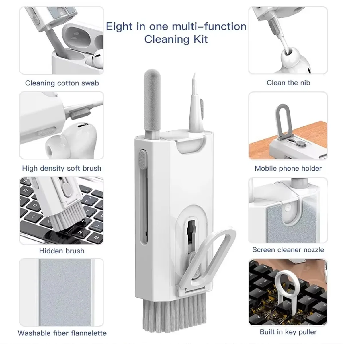 8-in-1 cleaning kit, including keyboard cleaner, AirPods cleaning tool, iPhone cleaning tool, keycap puller, screen brush, and e