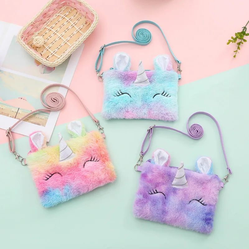 Unicorn Plush Purse Bag Girl Preppy Style Plush Crossbody Bag For Phone Square Rainbow Purse Women Handbag Children Girls Wallet