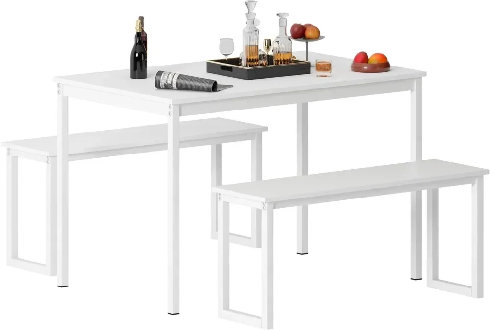 

For Kitchen Table Set with 2 Benches, Dining Table Set for 4, 3 Piece Dining Room Set Industrial Style Furniture, Wooden Kitchen