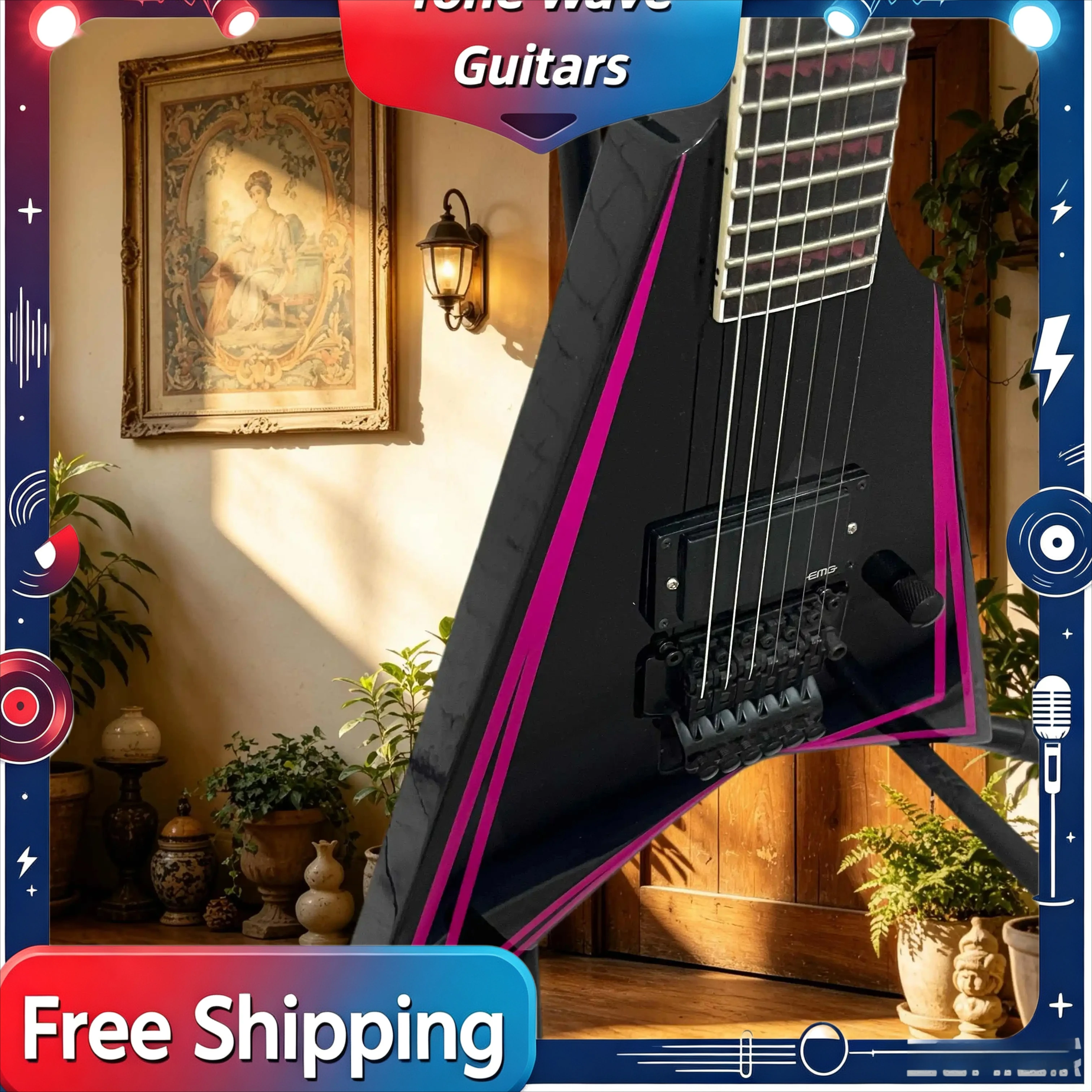 NEW HOT Electric Guitar Black Pink Lines V-shaped Double Rocking Maple Neck Niche Dark Collection Scarce Item Delivery included