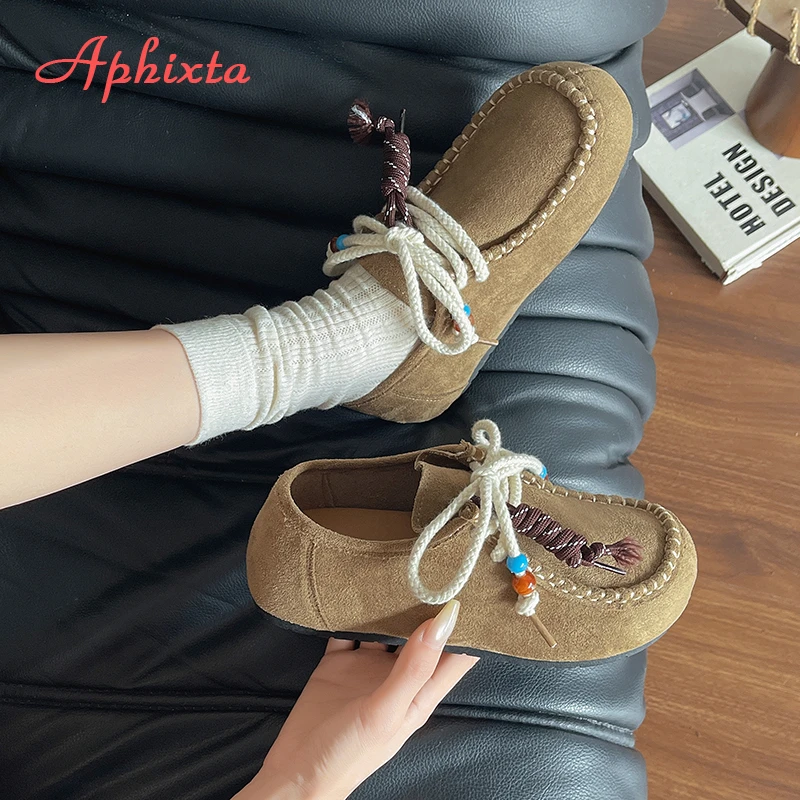 Aphixta Cotton Fabric Lace Up Flats Shoes Women Fringe Sewing Yellow Loafers Shoes Woman Flat With Ethnic Shoes Size 41