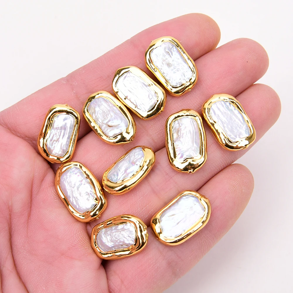 

APDGG Wholesale 10 pcs White Rectangle Pearl Beads Yellow Gold Plated Edge Beads DIY