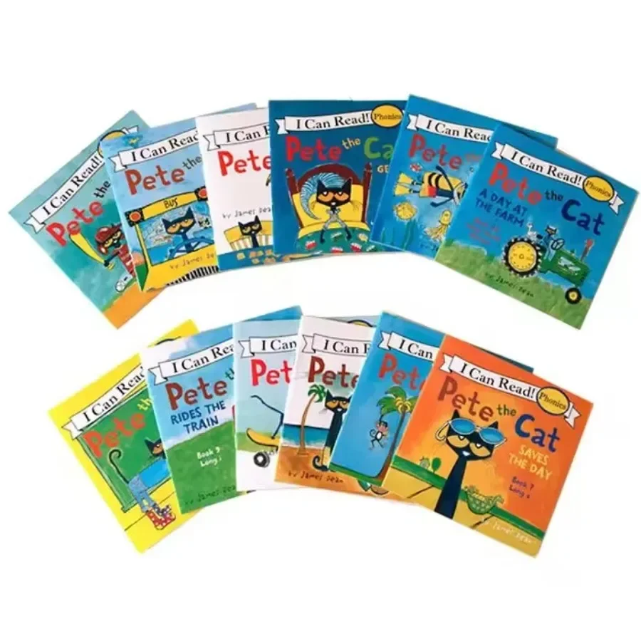 12 libros/juego que puedo leer Pete el gato, libros ilustrados en inglés, libro de cuentos para niños, libro de lectura de bolsillo de educación temprana