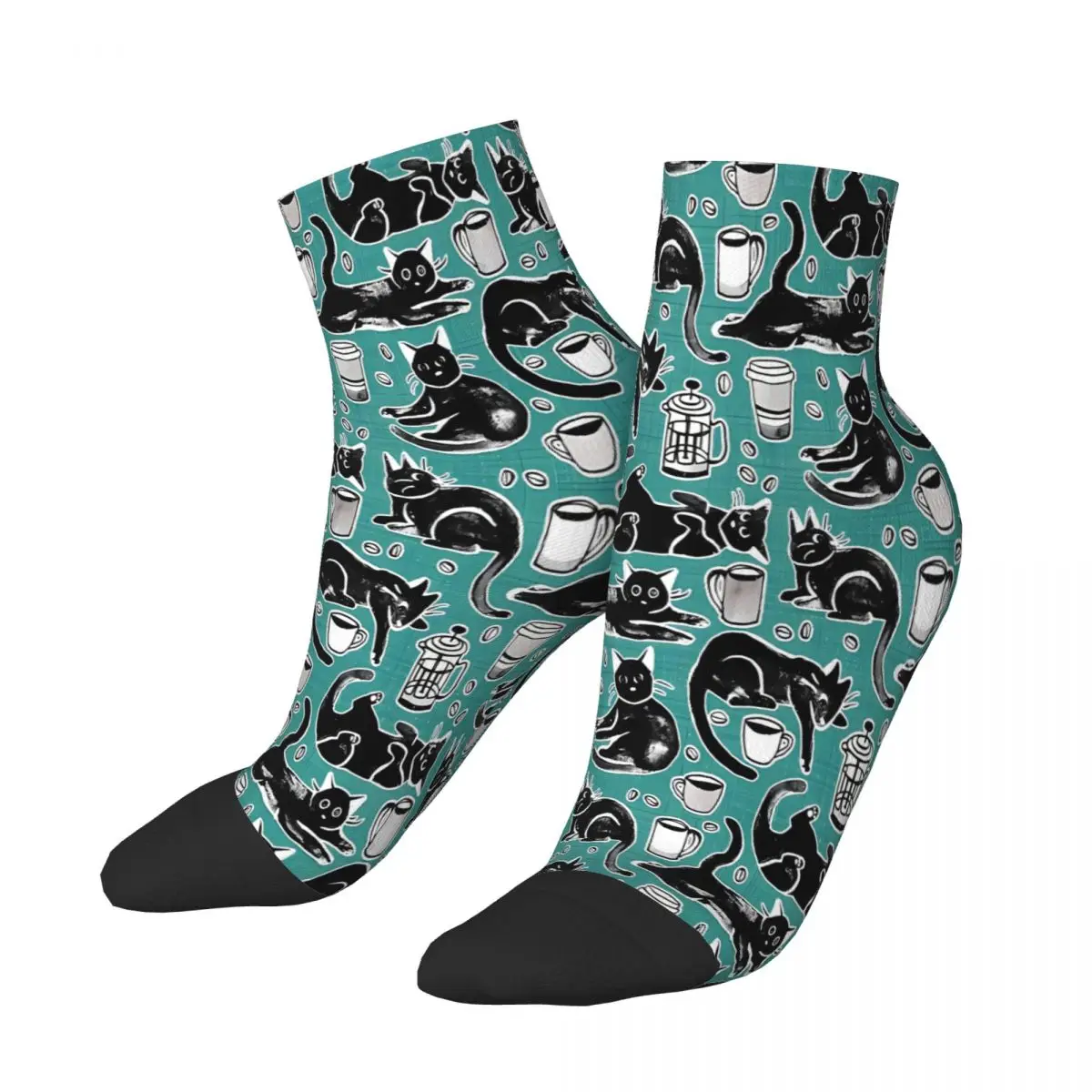 Coffee On Teal Black Cat Halloween Meme Ankle Socks Male Mens Women Summer Stockings Polyester