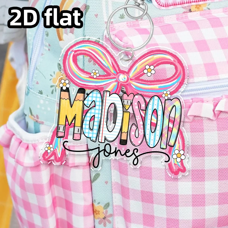 Personalized Backpack Name Tag Keychain, Cute Pink Bow Design