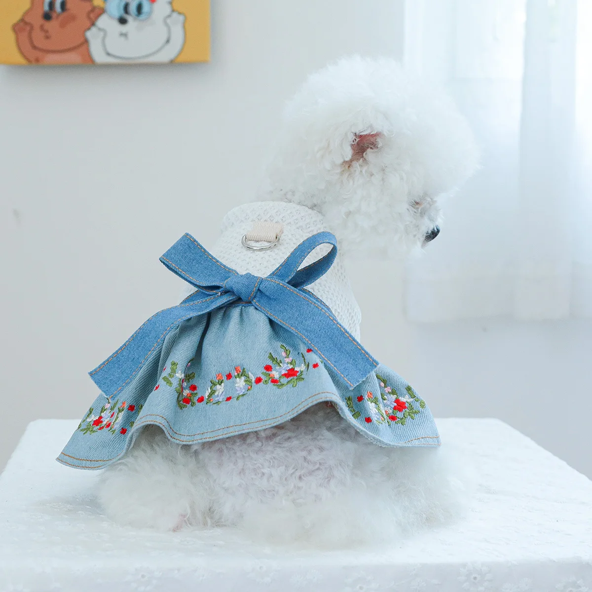 1PC Pet Clothing Dog Cat Fall/Winter Blue floral bow denim dress suitable for small to medium sized dogs