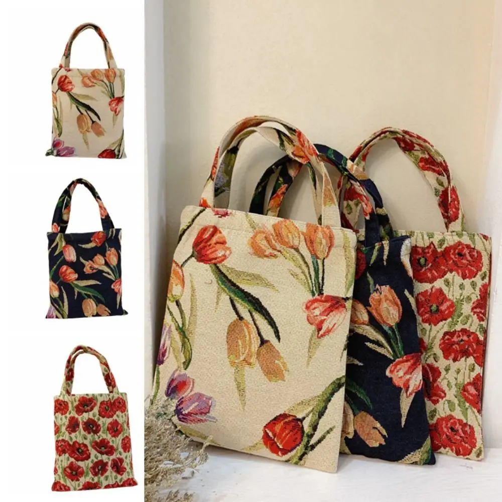 

Vintage Flower Clutch Purse Tulip Flower Printed Handle Vintage Shoulder Bags Portable Household Retro Flower Handbag