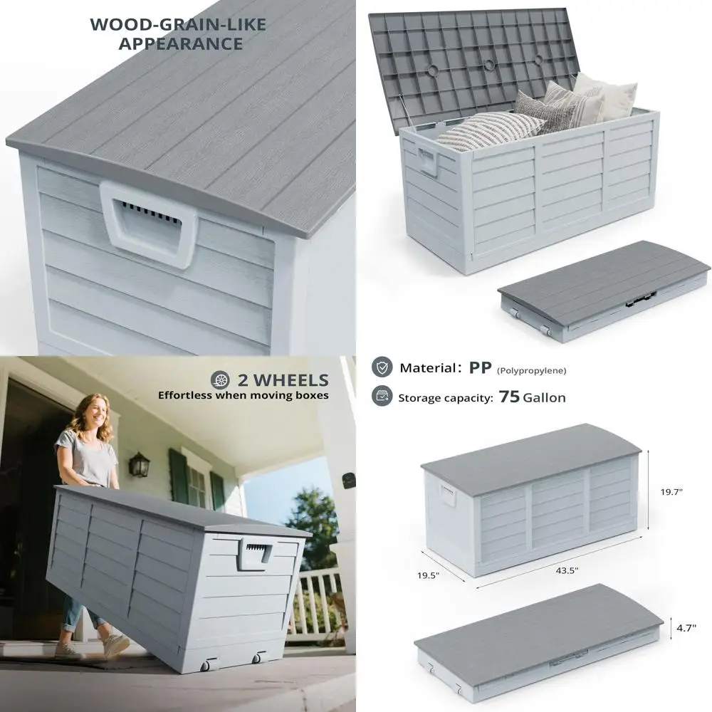

75 Gallon Plastic Outdoor Storage Box with Lid for Patio, Deck, Garden, Pool, Balcony, Yard - Gray