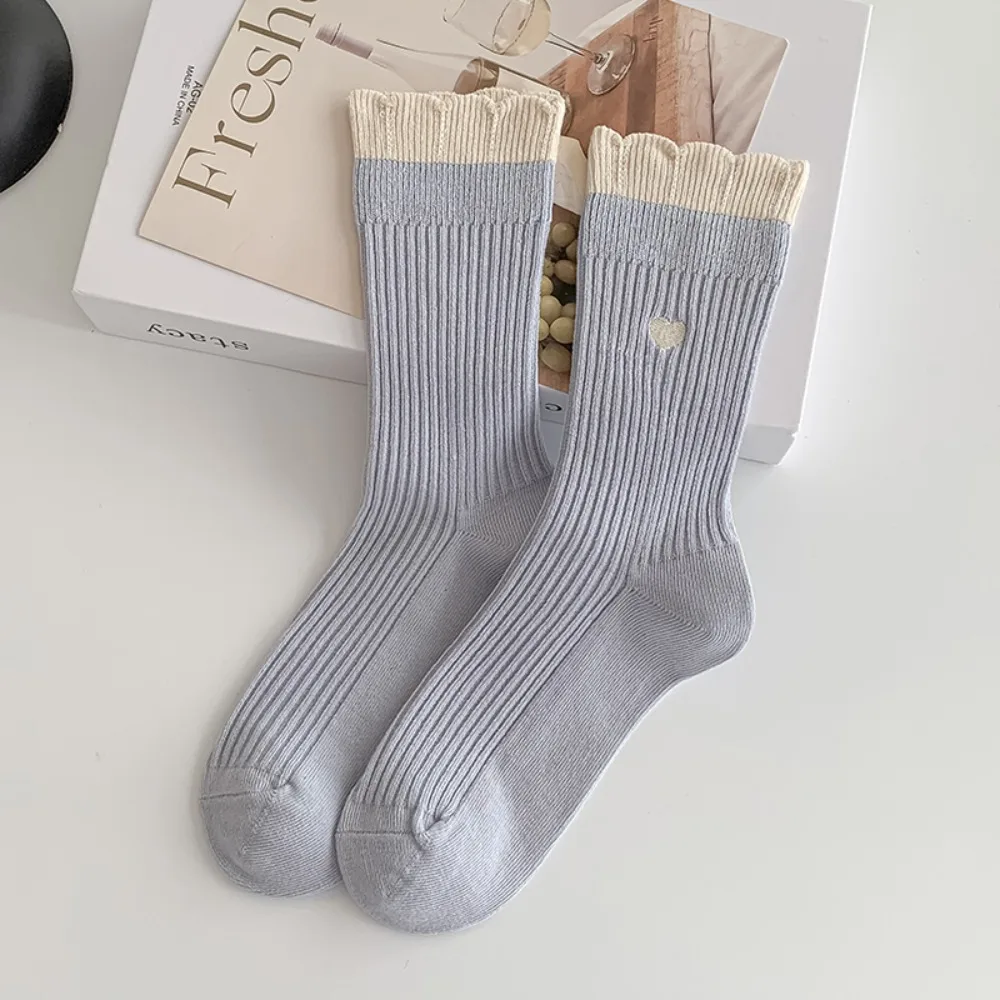 

Повседневные женские носки с вышивкой в виде сердца, хлопковые дышащие хлопковые носки, длинные носки