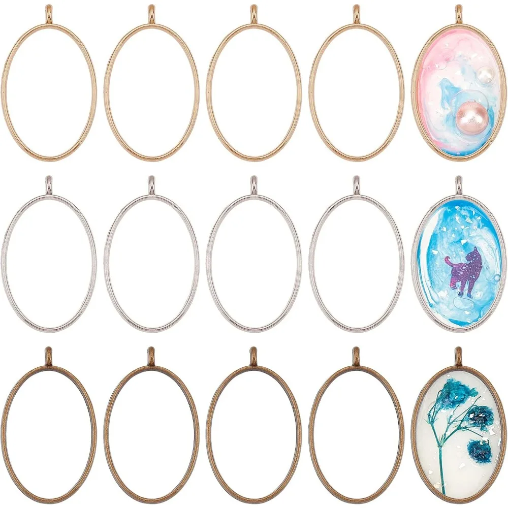 30pcs Oval Open Bezel Charms 3-Color Alloy Frame Pendants Color-Lasting Hollow Resin Frames with Loop for Resin Jewelry Making