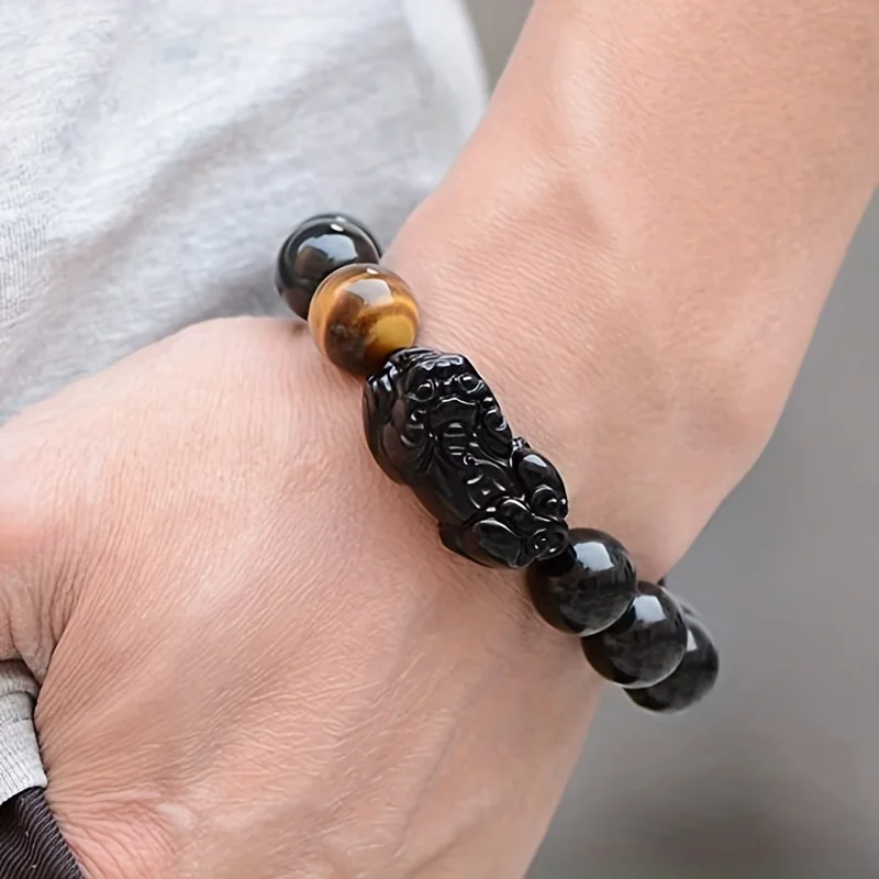 1 Black Obsidian Wealth Bracelet - Feng Shui Bi Xiu Charm, Suitable for Men and Women to Wear - Tiger Eye Stone Elastic Bracelet