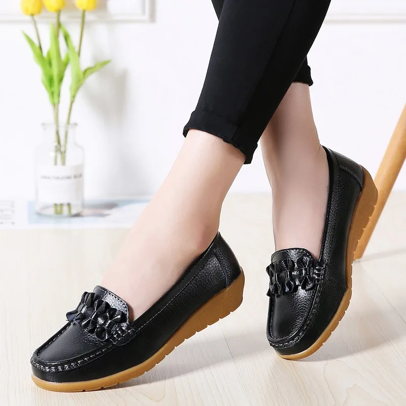 

Women Flat Shoes Leather Slip on Casual Shoes Breathable Soft Bow Loafers Solid Color Single Shoe Non-Slip Plus Size Women Shoes