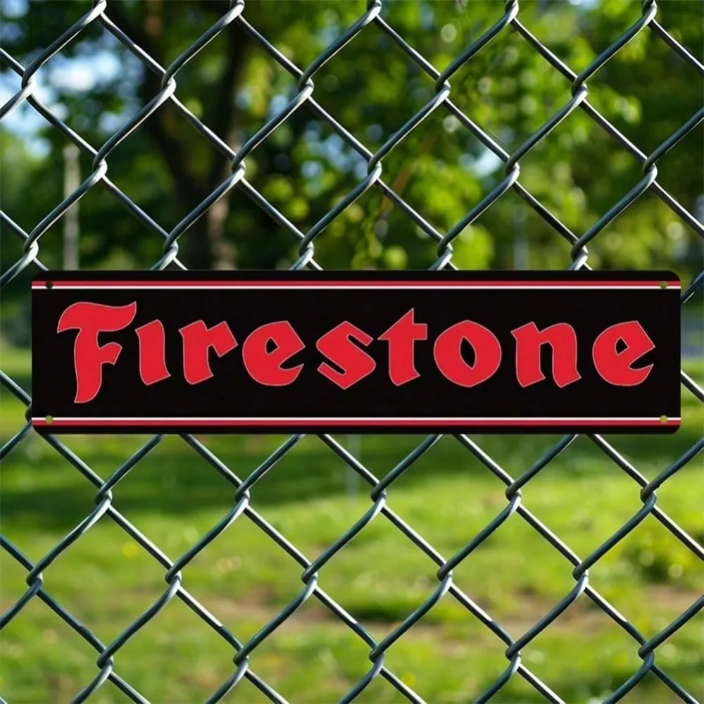 Firestone Vintage Metal Wall Sign 4x16 Inch, Red Black Iron Art Decor for Bar Pub Cafe, Waterproof Rustic Metal Sign