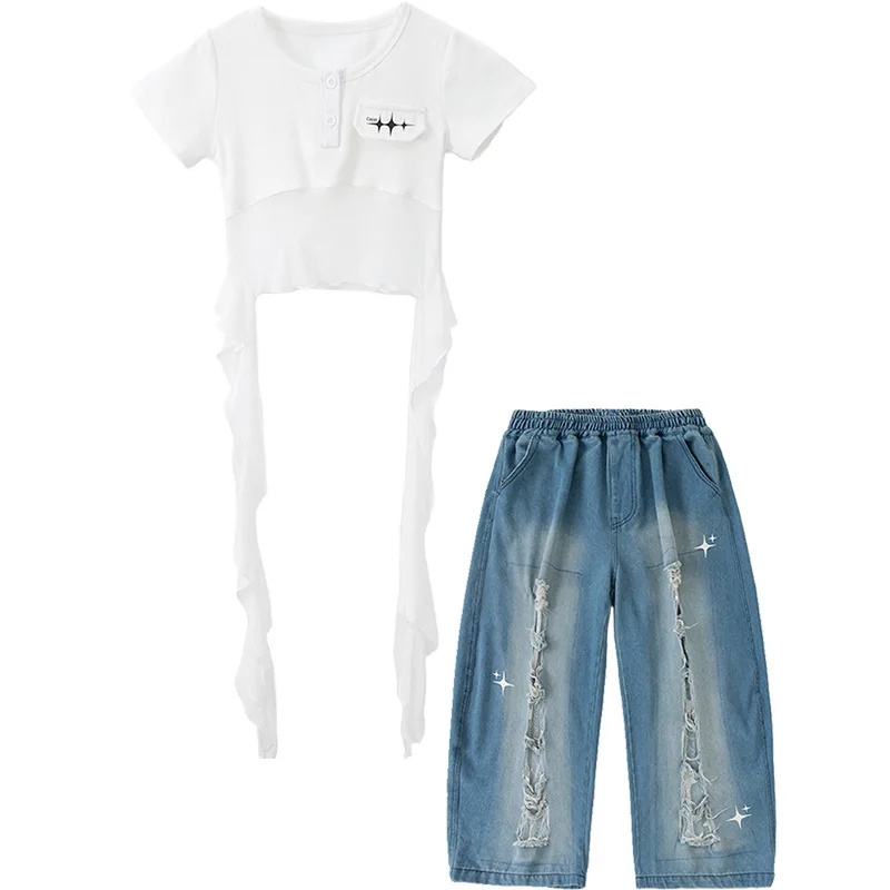 Koreanische Jazz Dance Band Cropped Top Straße Sheer Patchwork Kurzarm T Denim Hosen für Mädchen Kind Hip Hop Dance Tragen Kostüm