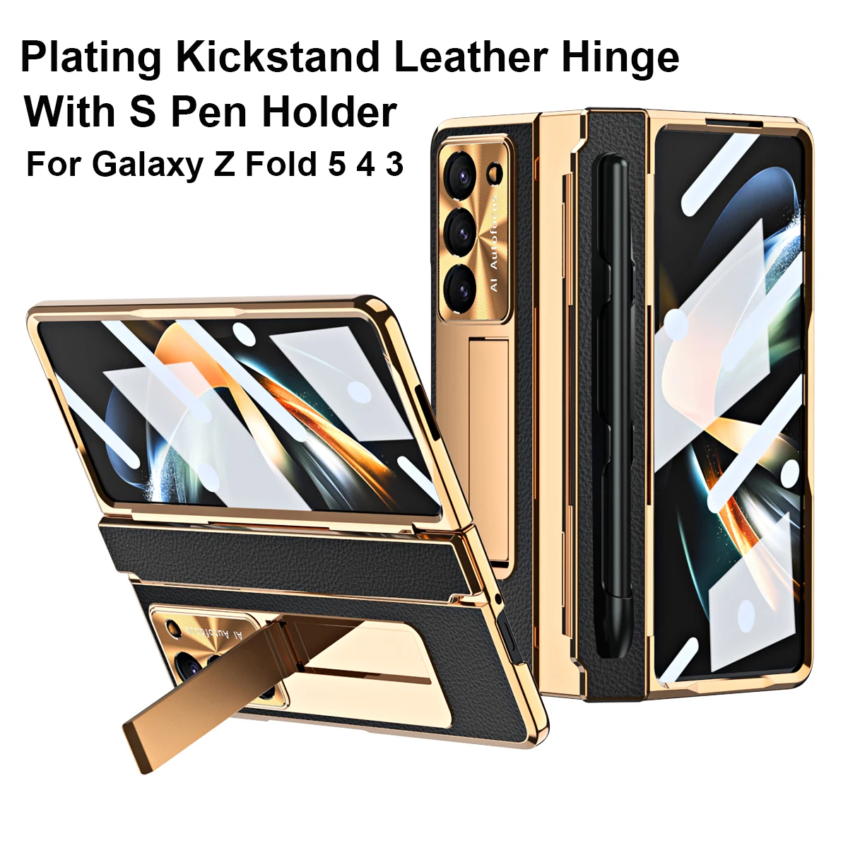 

For Samsung Galaxy Z Fold 5 Case Hinge Plating Kickstand Leather Cases Z Fold 6 4 3 With S Pen Holder 360 Full Protection Cover