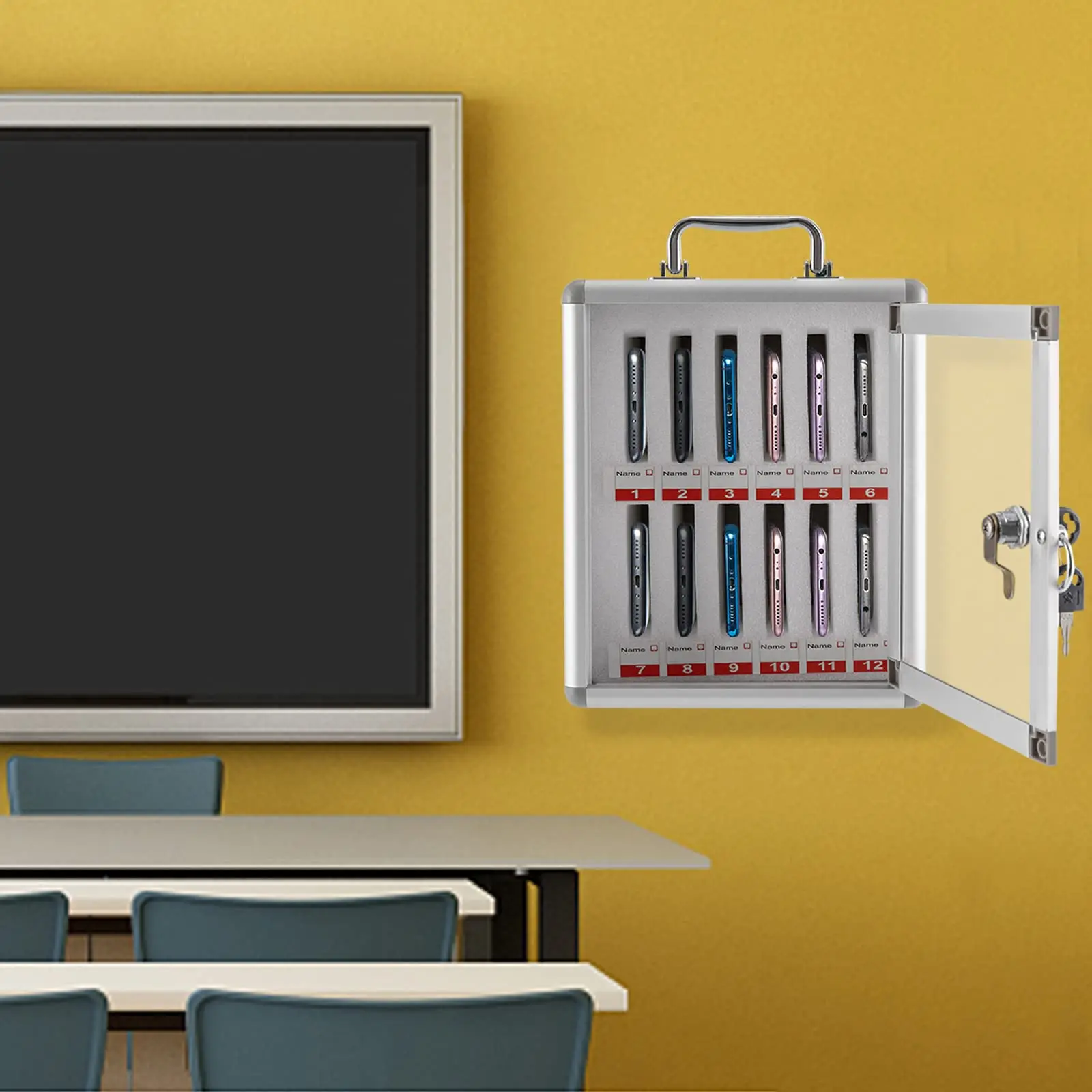 Aluminum Alloy Lock Box - Cell Phone Storage Cabinet with Safety Lock - Wall Cellphone Locker for Classroom - 12 Slots (Style 2)