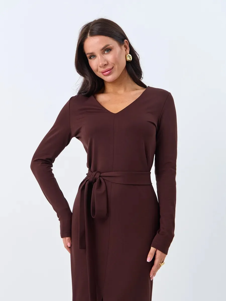 

Elegant Dresses for Woman Belted Bodycon Midi Dress with Side Slit Autumn Office Days Clothes