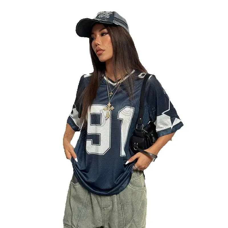 Oversized T-shirt Voor Vrouwen V-hals Korte Mouw Zomer Patchwork Blauw Snelheid 91 Print Casual Tees Sport Voetbal Jersey Y2k Tops - afbeelding 2