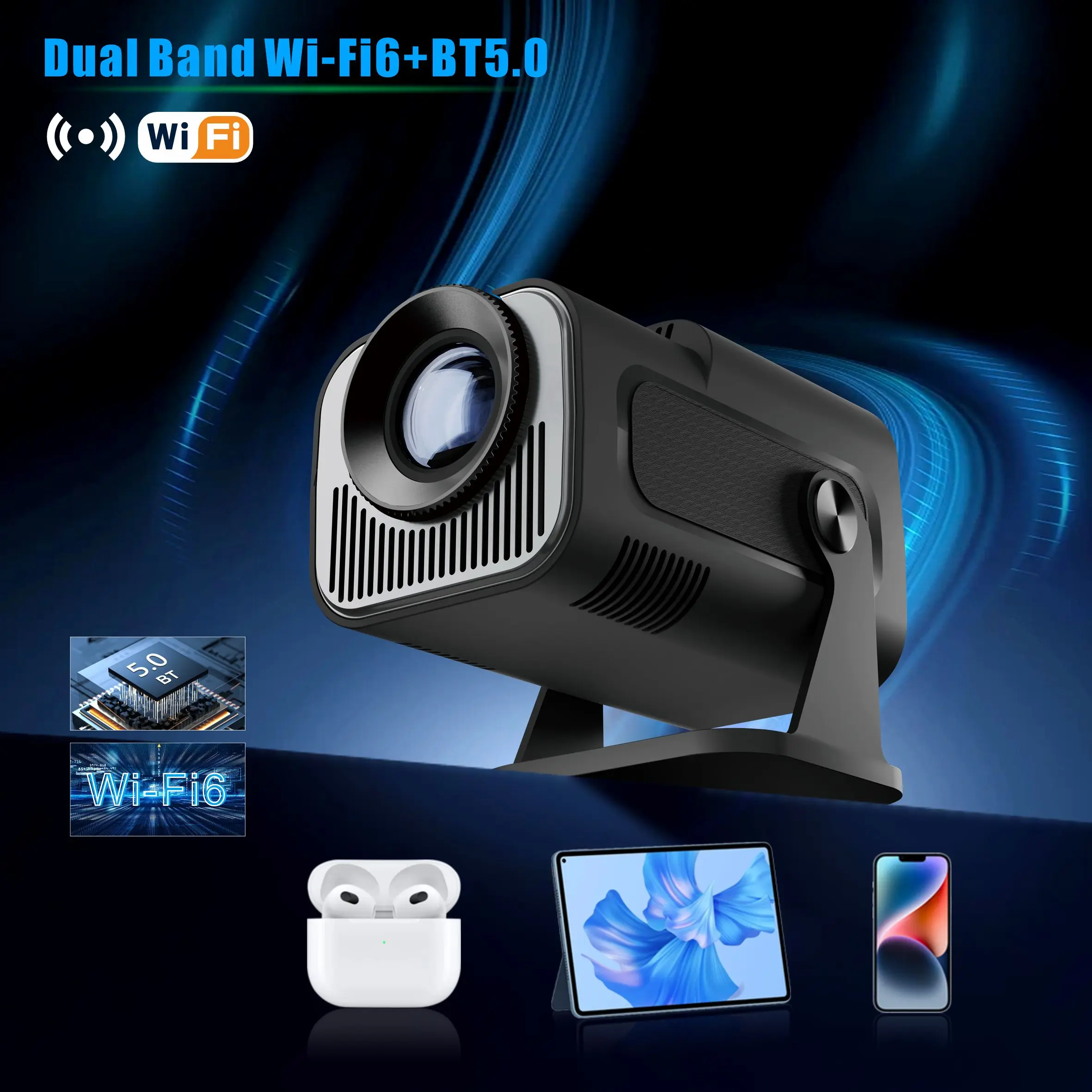 HY-320Mini Portable Outdoor Allwinner H713 Android11 4K Projector Newly Native 720P 320ANSI Wifi6 BT5.0 Cinema Rotable Projector