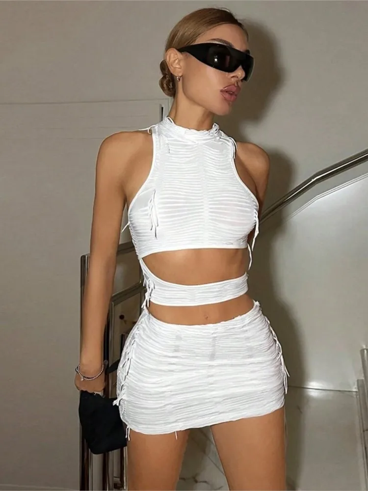 

2025 Summer New Woman 2 Piece Set Outfit Personalized Navel-baring Tassel Skirt Suit Two Piece Outfits Woman Sexy Trendy Casual