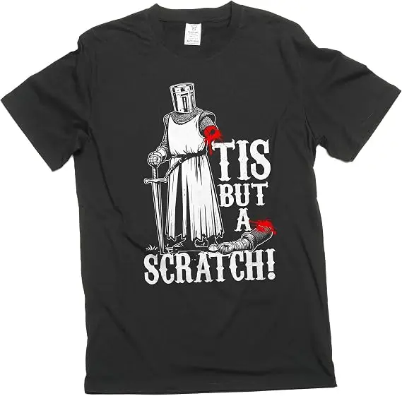 Lustiges Herren-T-Shirt „Es ist nur ein Kratzer“ – Mittelalterlicher Krieger Ritter – Lustiges Geschenk, sarkastisches T-Shirt, Y2k Mode Halloween Oberteil – Detail 7
