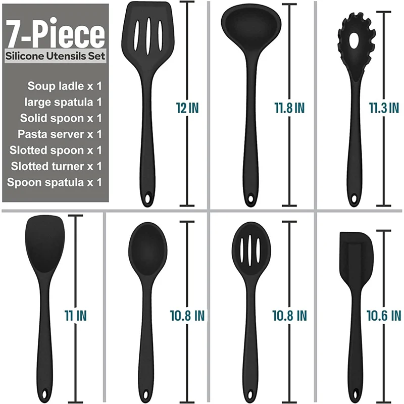 مجموعة أدوات الطبخ المصنوعة من السيليكون الساخن، 6 قطع من أدوات المطبخ ذات الحرارة السوداء، أدوات المطبخ غير اللاصقة، ملعقة مغرفة الملعقة