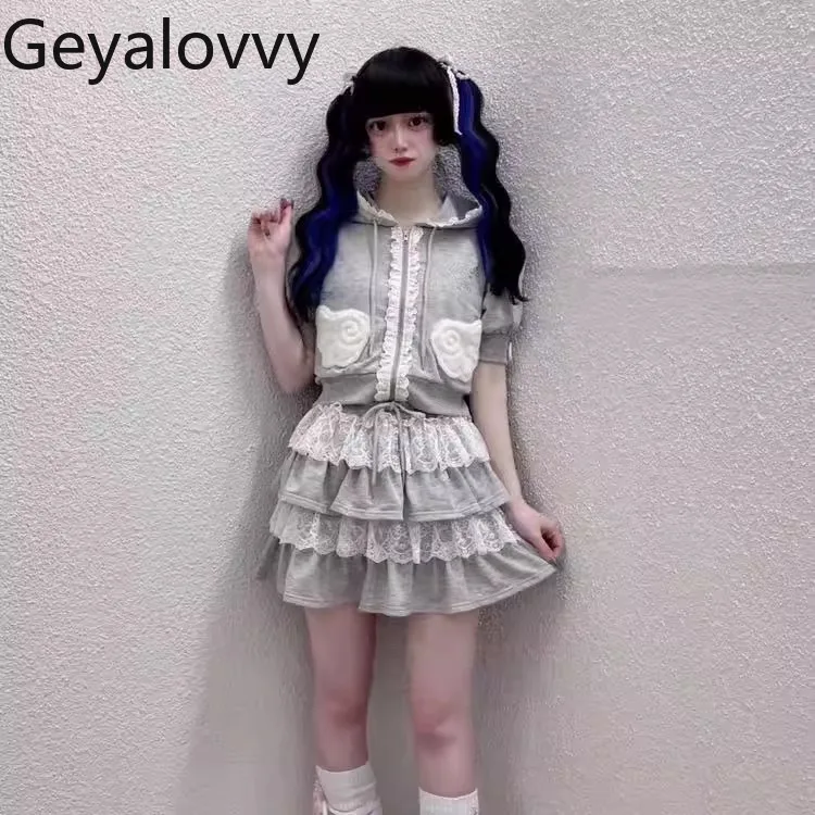 Estilo doce japonês com capuz renda guarnição manga curta moletom cardigan e cintura elástica bolo saia curta conjunto de duas peças