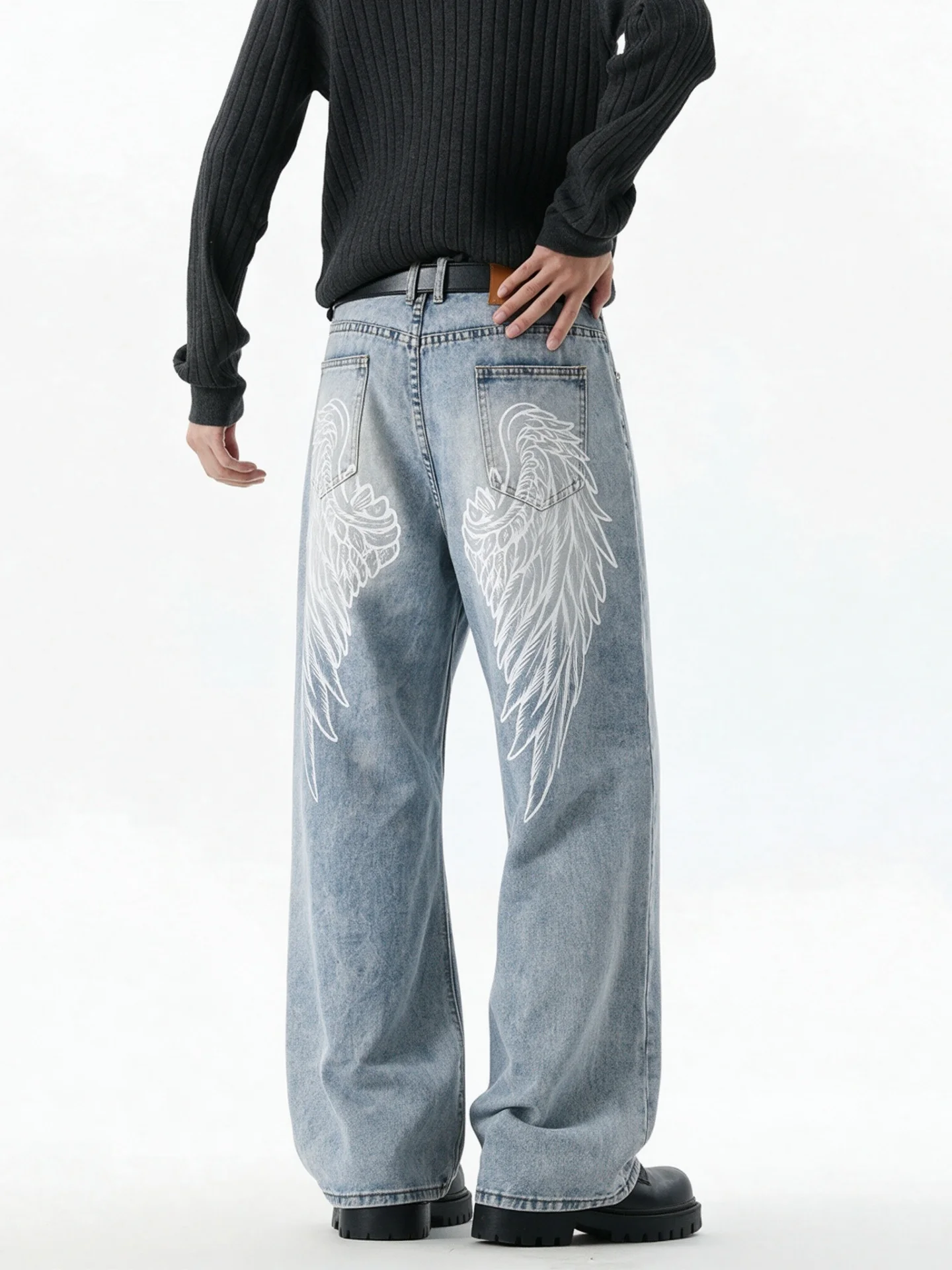 Trendy Wings Printed Straight Leg Jeans Men's Y2K American Retro High Street Slimming Loose Wide Leg Long Pants Casual Jeans