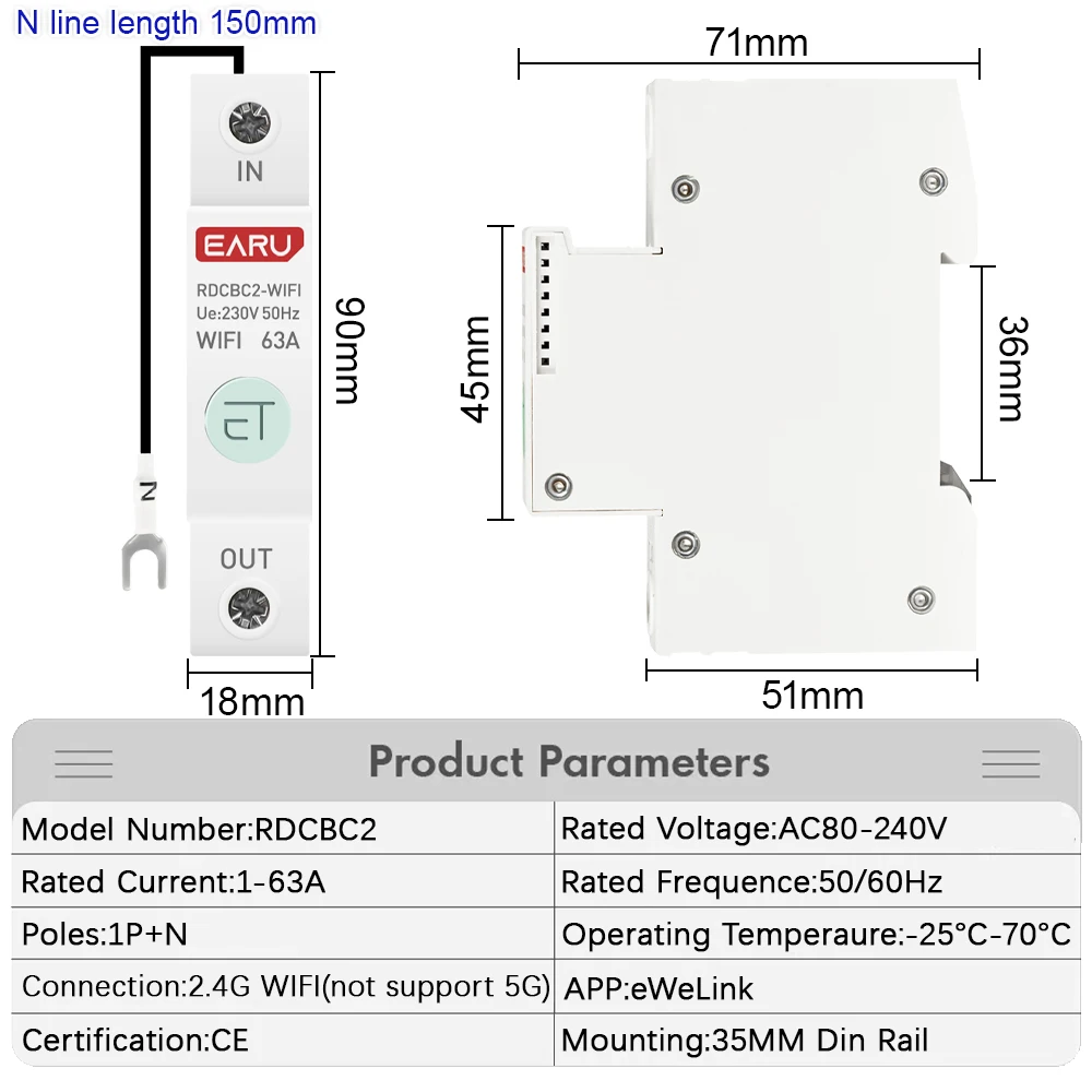 1P Din Rail WIFI Smart Energy Meter Power Consumption kWh Meter Circuit Breaker Time Timer Switch Relay Voltmeter for Smart Home