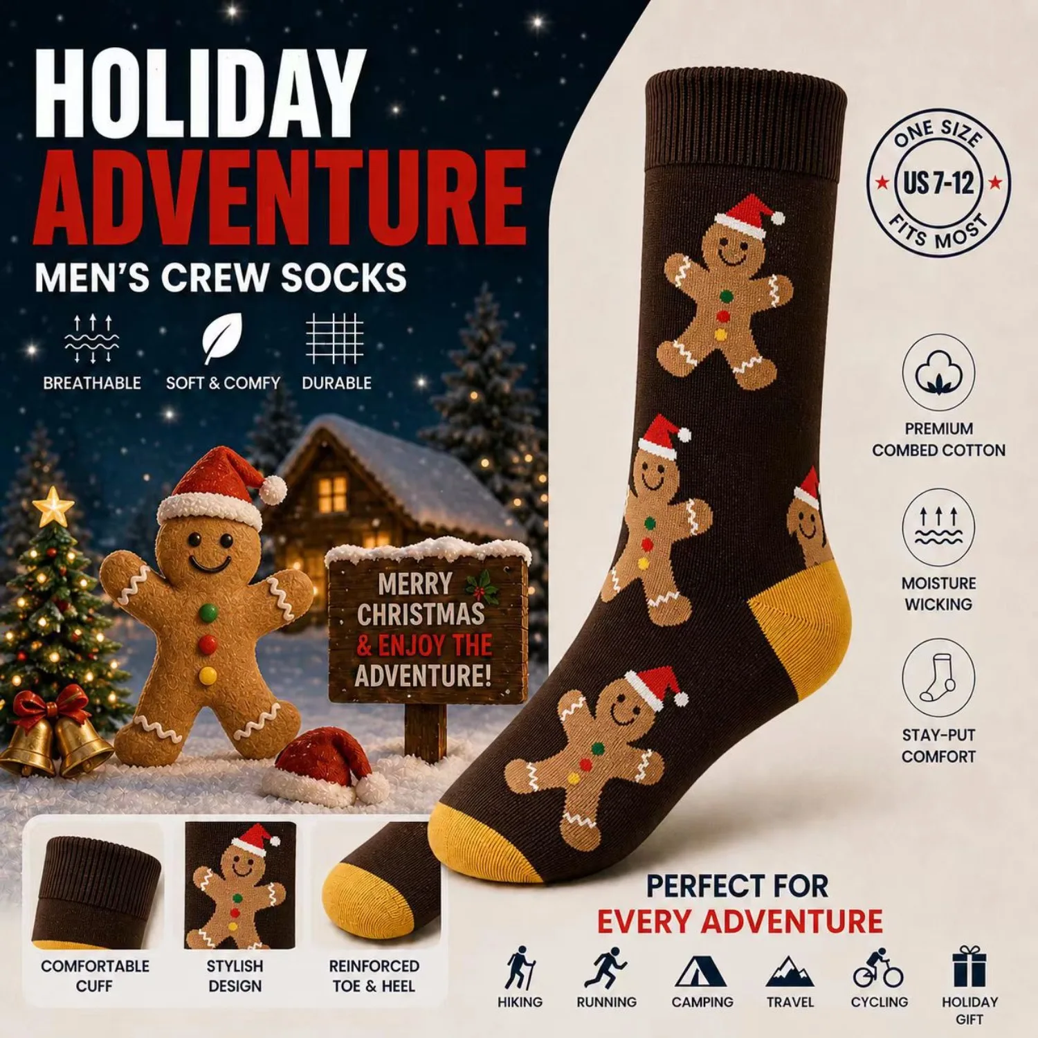 1/5Pairs Christmas Gingerbread Man Crew Socks Funny Santa Claus Holiday Socks Soft Breathable Combed Cotton Mid Calf Socks Gift