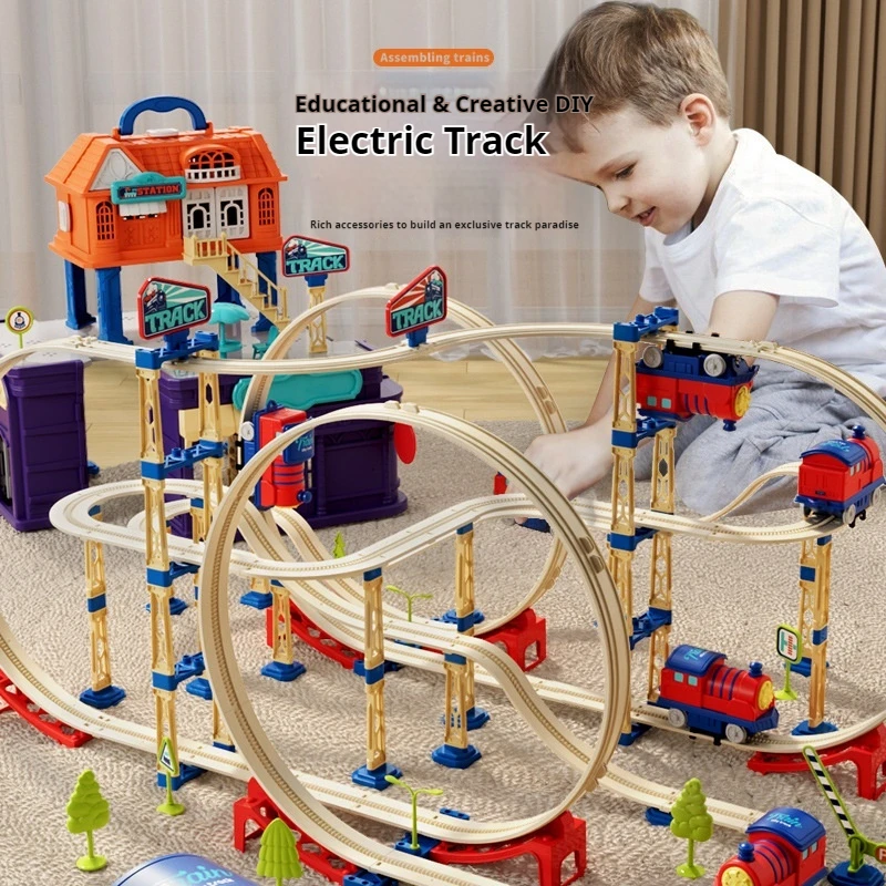 Children'S Toy Train Track Car Assembly House Educational Toys For Boys Girls With Track Model Vehicle Non-Radio Control Model