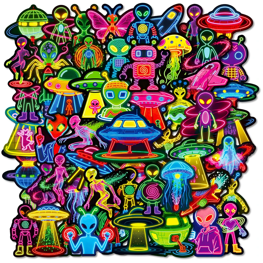 10/30/56pcs Cute Neon Colorful Space Alien UFO Stickers Cartoon Creative Personalized Sticker DIY Stationery Phone Laptop Decals