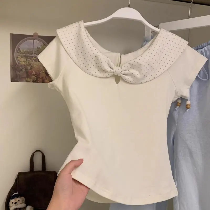 

Korean Polka Dot Bow Peter Pan Collar Short Sleeve T-Shirts Female Summer Slim All-match Patchwork O-neck Top Tee Women Clothes