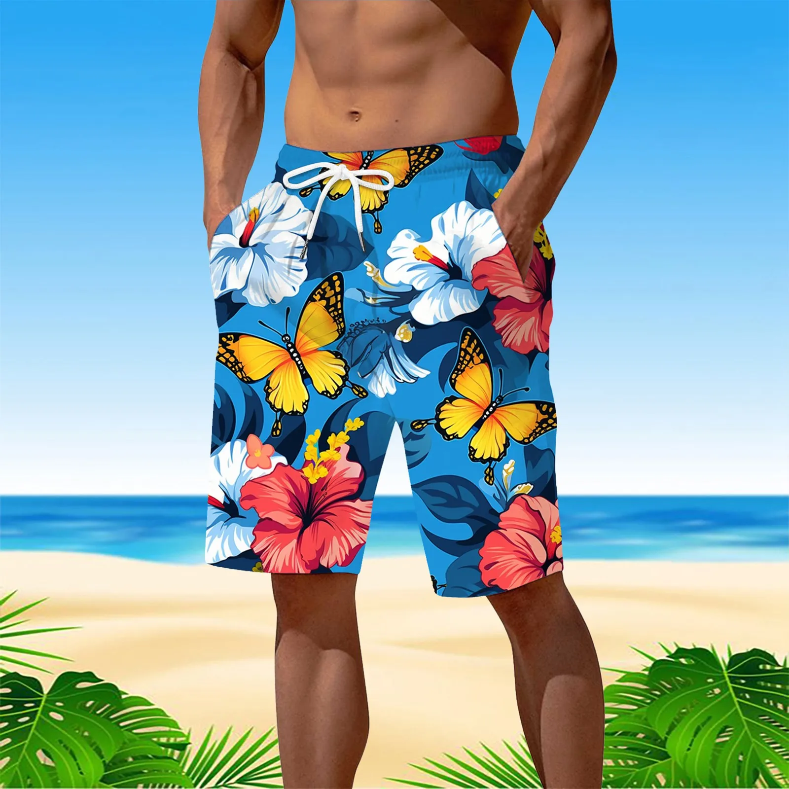 Shorts de praia havaiano verão dos homens, shorts de bordo casual trópicos, maiô estampado em 3D, Holiday Surf Swim Trunk Fashion