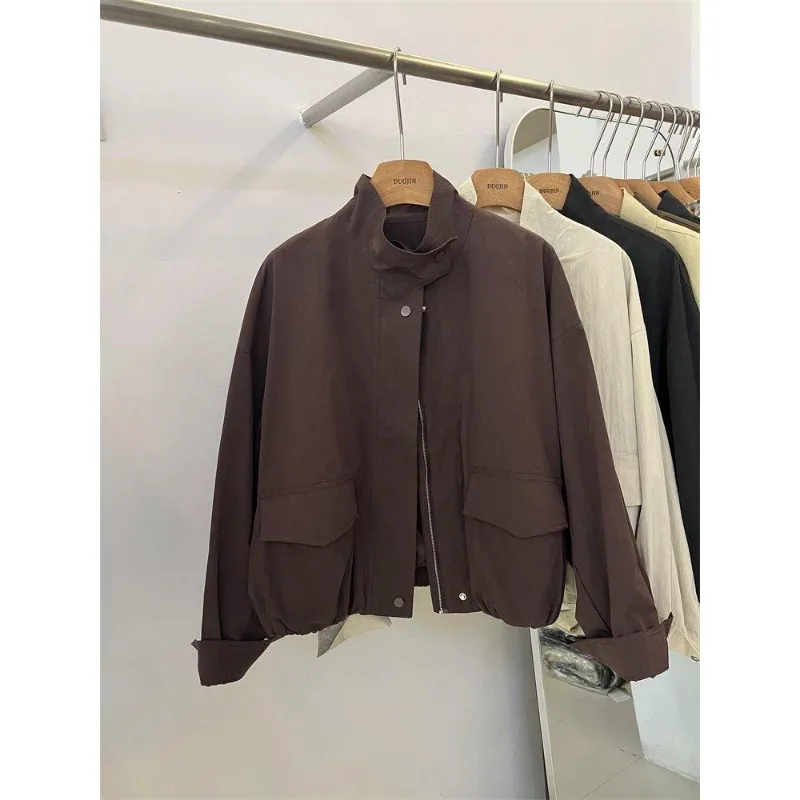 معطف نسائي جديد لربيع وخريف 2025 عالي الجودة بياقة واقفة صغيرة فضفاضة غير رسمية للعمل قصير #3