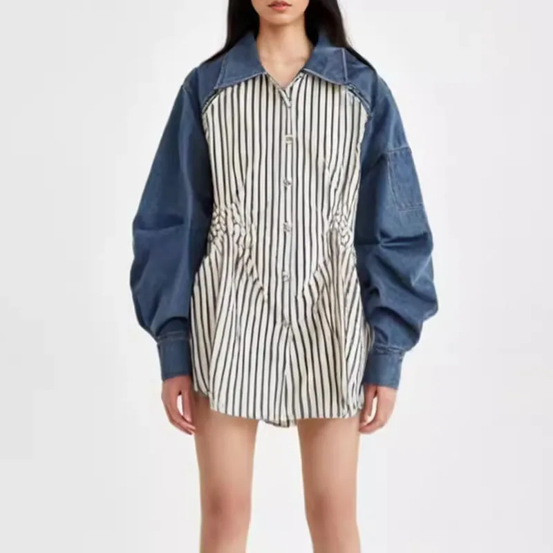 

Женские блузки с длинными рукавами, лоскутные блузки с отложным воротником, полосатые блузки