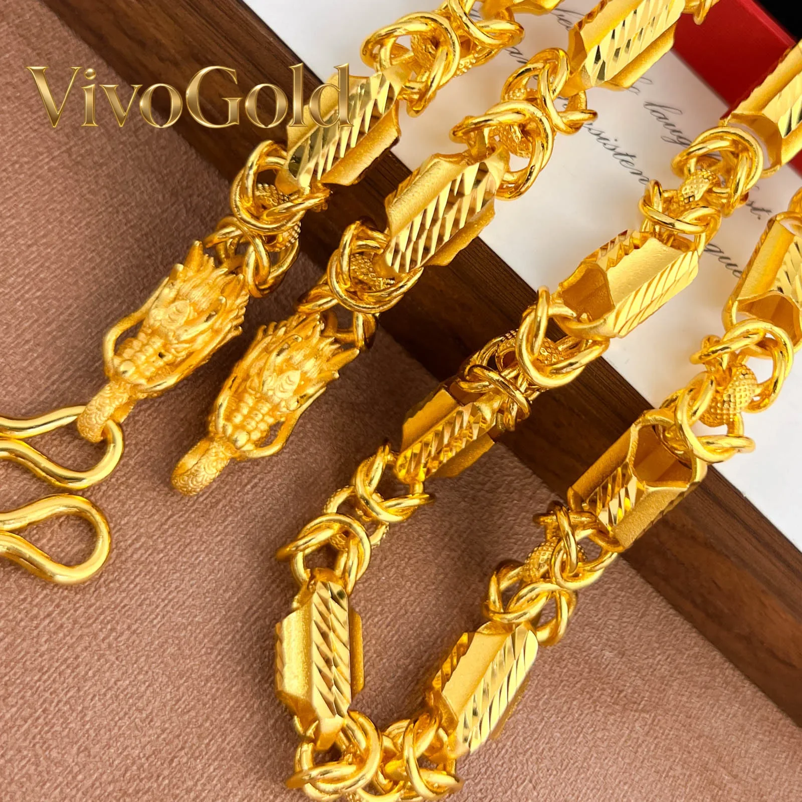 VivoGold9999 24K real gold boutique fantasy craft dragon bone necklace men's domineering retro faucet chain fashion hexagonal dr