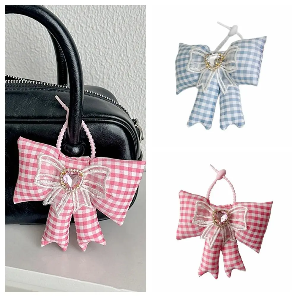 Fashion Cloth Bowknot Bag Pendant Rhinestone Heart Bow Keychain Lattice Keyring Phone Chains Gift