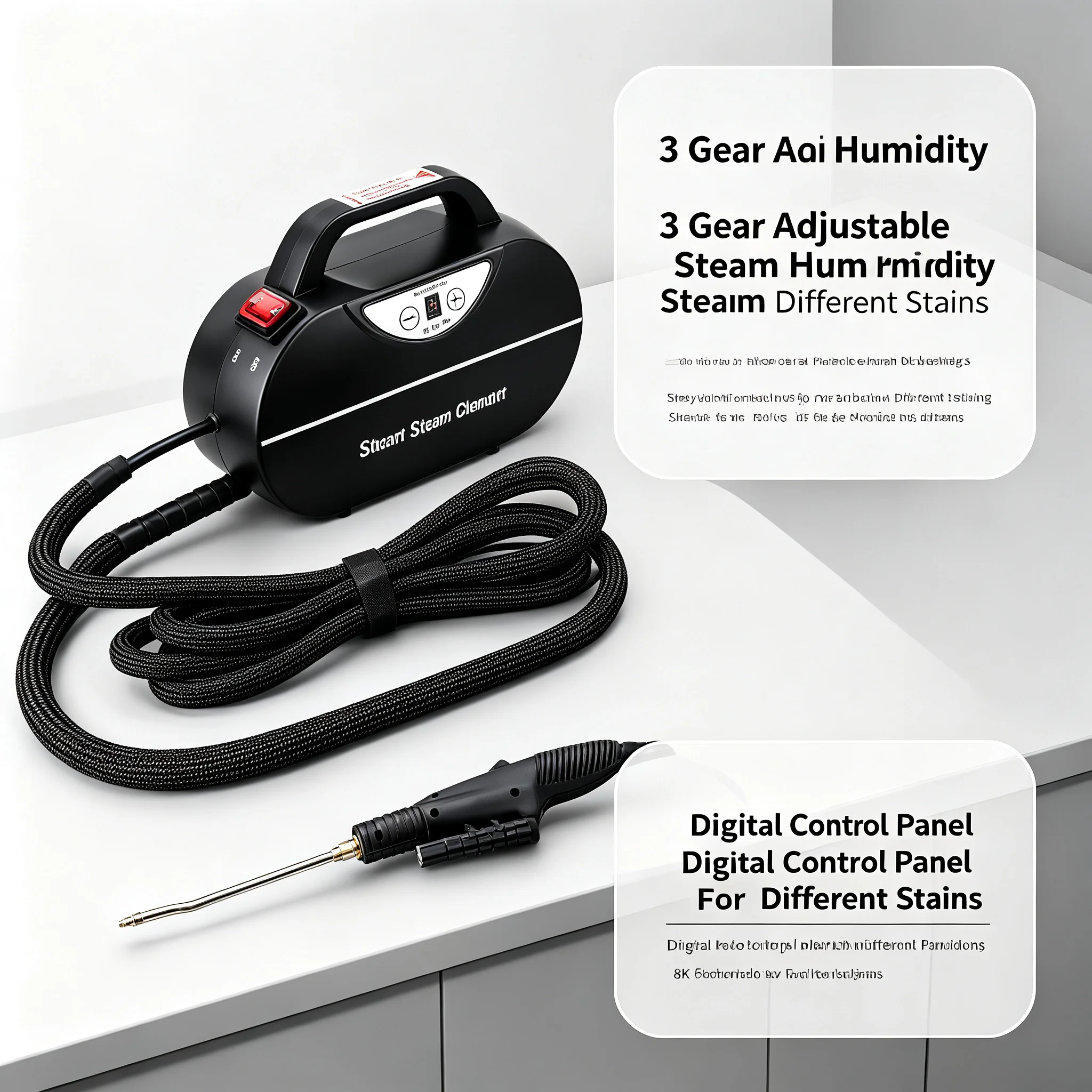 1800W Handheld Steam Cleaner, High Temperature Pressurized Steam Cleaner with 3-Level Humidity Adjustment & LED Torch for Car Detailing Home Cleaning, Black