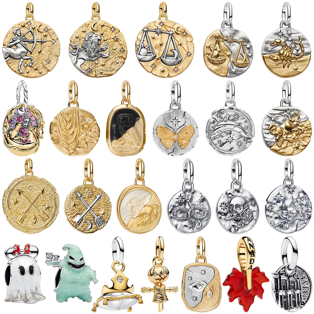 Original S925 Silver Vintage  Charms Zodiac Medallion Coin Textured Relief Beads Pendant Fit Bracelet Necklace DIY Fine Jewelry