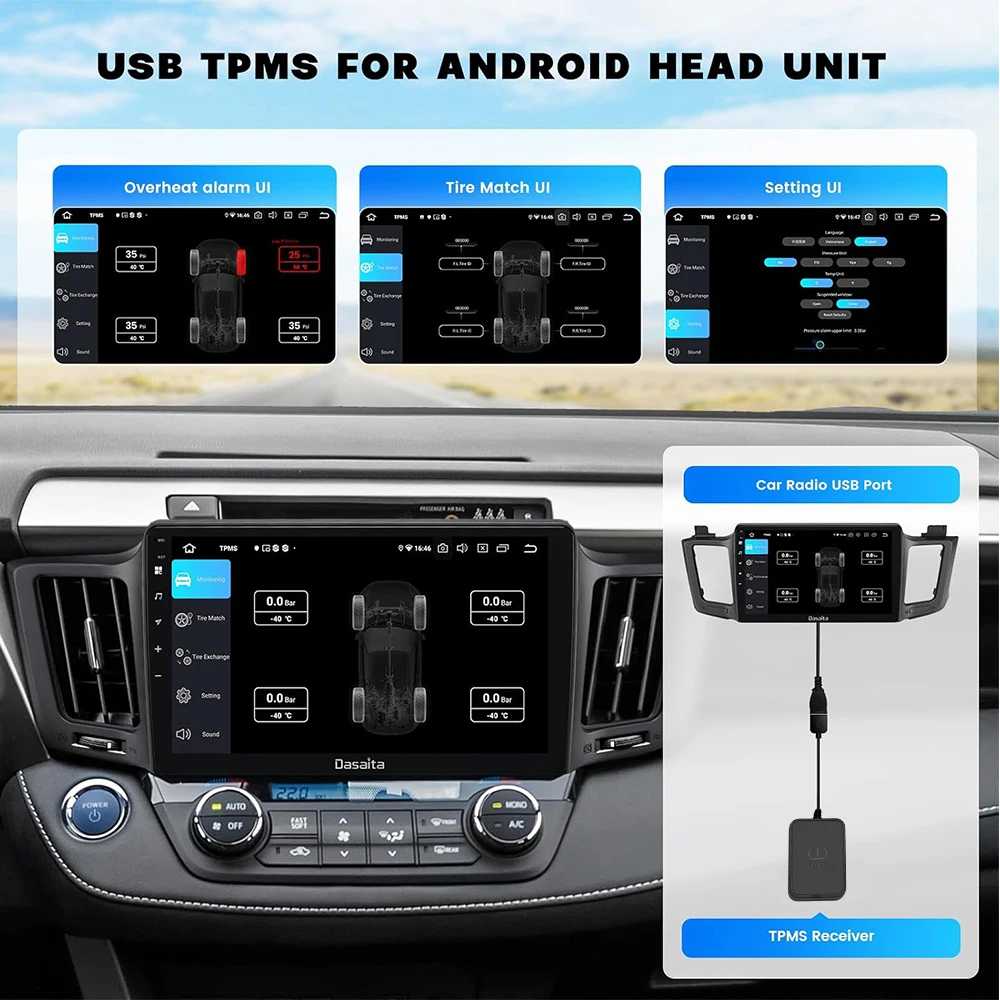 USB Android TPMS Tire Pressure Monitoring Alarm System Exchange The Tire Position Freely Wireless External Sensors