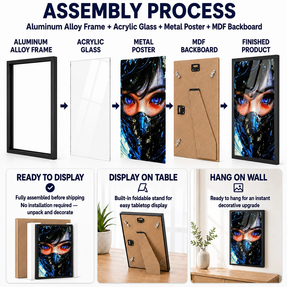 Intense Blue Eyes Masked Portrait Metal Poster With Aluminum Alloy Frame Personalized Neon Style Wall Art For Creative Studio