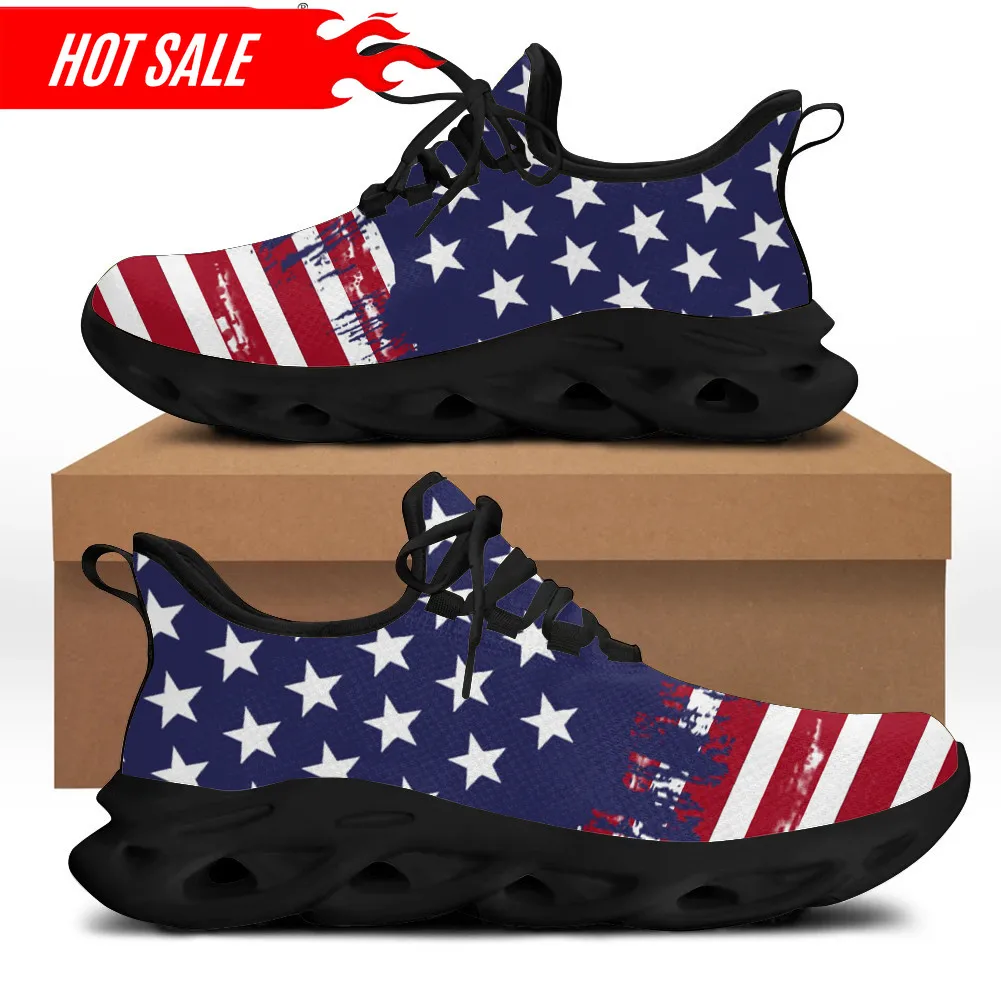 American Flag Design Sneakers Women Unisex Patriotic US Lace-Up Shoes Spring Travel Knit Hiking Sneakers Daily Flats