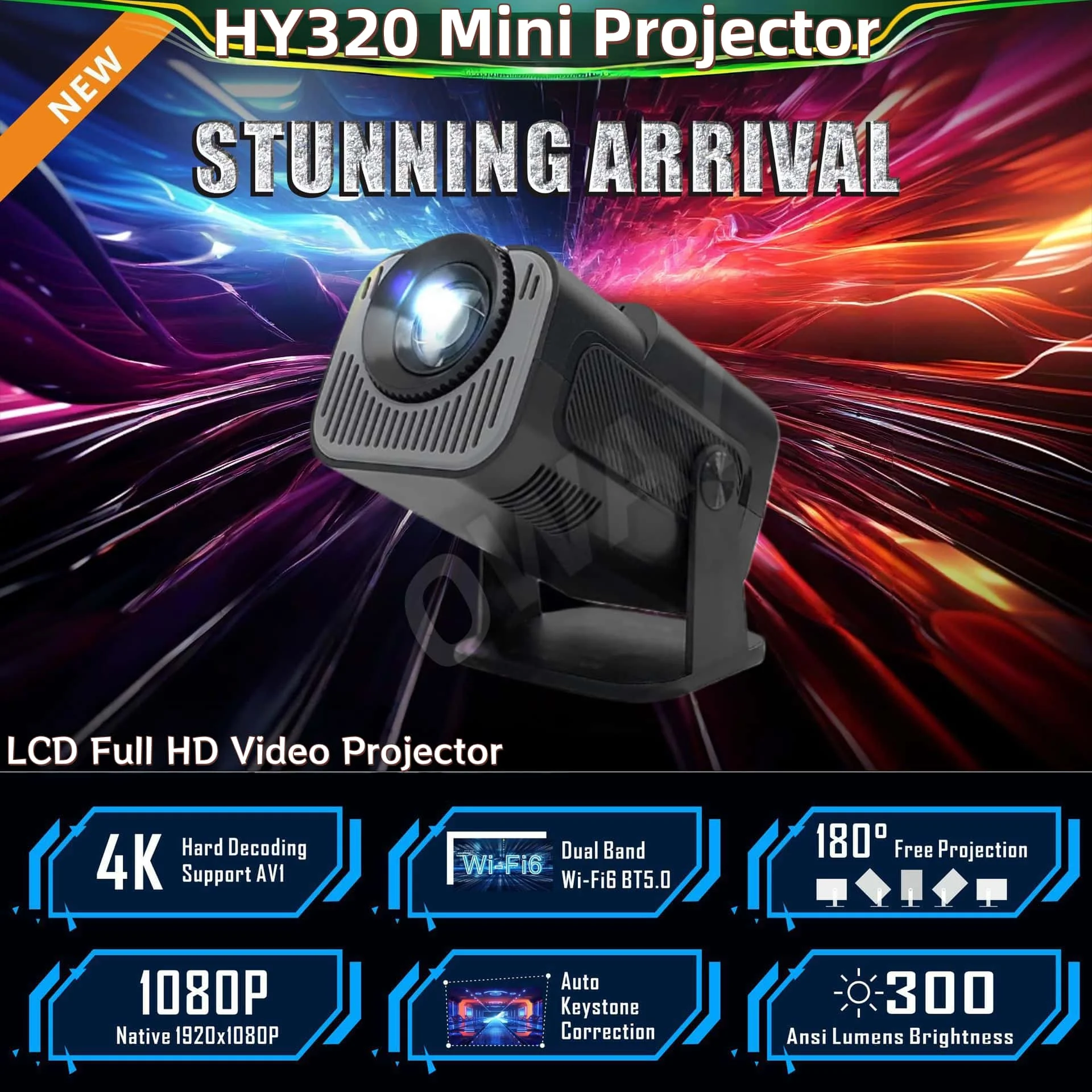 أحدث جهاز عرض لعام 2025 HY320-B جهاز عرض صغير 4k ذكي يعمل بنظام أندرويد 13 واي فاي جهاز عرض صغير بتركيز يدوي جهاز عرض منزلي محمول