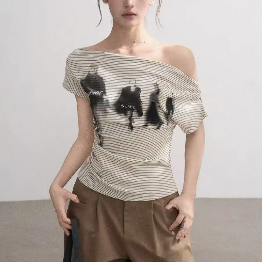 Striped Off Shoulder Short Sleeved T-shirt Women Summer Slim Short Cut Waist Cinching Slimming Shoulder Spicy Girl Top